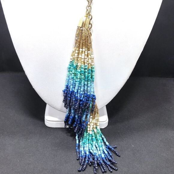 Chico's Blue Green Gold Seed Bead 3 Tassel Necklace, New With Tags, 36 Inches - Picture 6 of 12